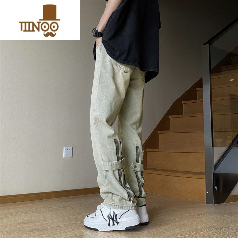 YANXU高街美式vibe拉链牛仔裤男款宽松休闲复古痞帅设计感直筒长裤子拉高清大图