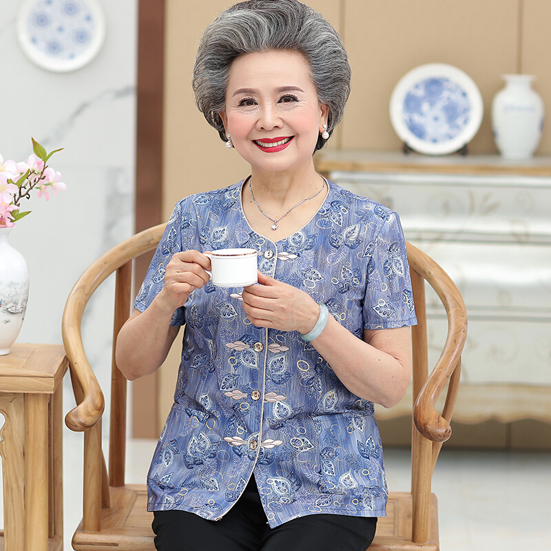 老年人夏装女6070岁妈妈短袖衬衫夏装奶奶装上衣宽松老人衣服女