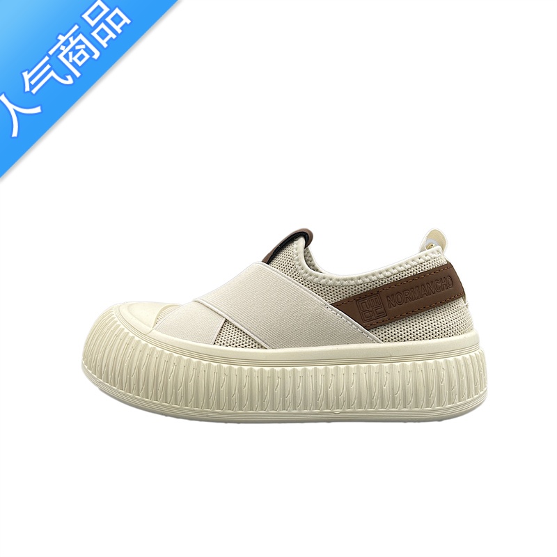 SUNTEK复古小白鞋女学生2023春夏新款透气网面饼干鞋一脚蹬厚底帆布鞋高清大图