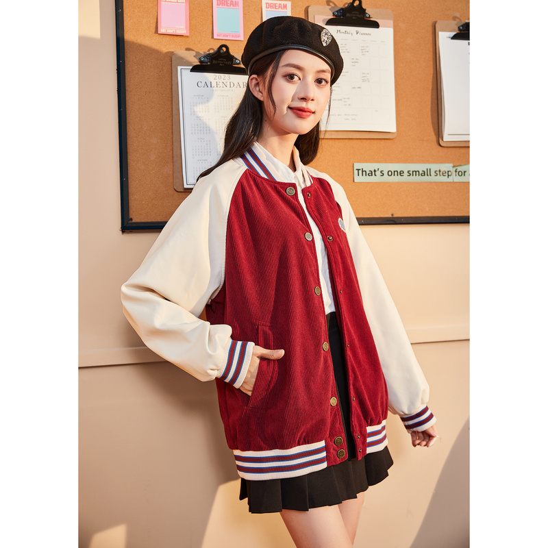 唐狮新款灯芯绒外套女春秋秋季美式复古风红色新衣服棒球服