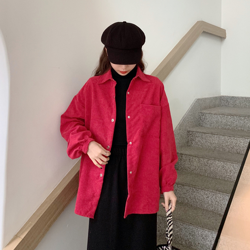 艳如飞长袖外穿衬衣女设计感小众秋冬季复古港风宽松百搭灯芯绒衬衫外套衬衫