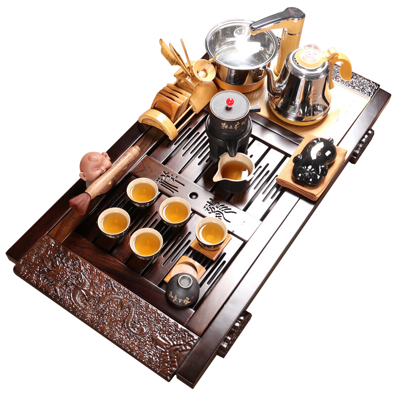 尚帝整套功夫茶具茶壶自动泡茶器陶瓷茶杯实木四合一茶台黑檀木茶盘祥龙细哑黑时来运转智能旋转电热炉套装