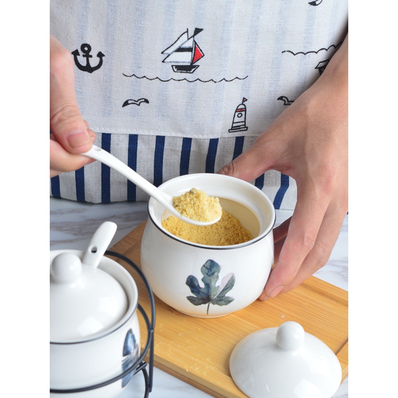 陶瓷调味罐套装厨房用品佐料瓶家用盐味精组合装调味瓶带盖勺铁架 敬平 玫瑰花语调味罐三件套铁架高清大图