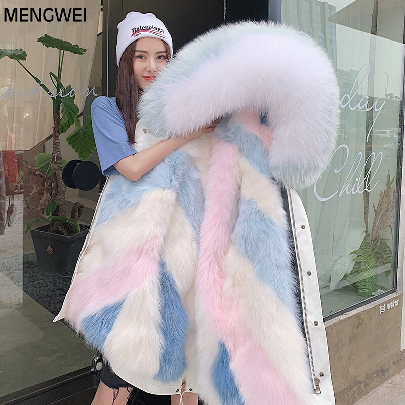MENGWEI 香港潮牌2019新款可拆卸狐狸毛皮内胆派克服大衣女中长款外套