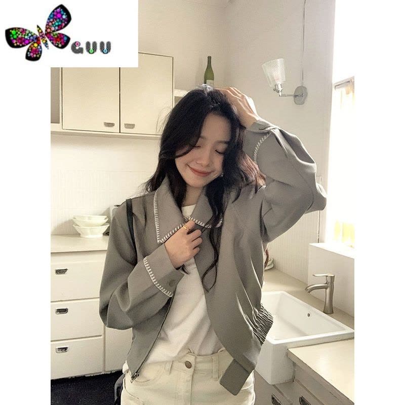 语娄美式复古灰色棒球服女装高级设计感小众小个子短款夹克外套图片