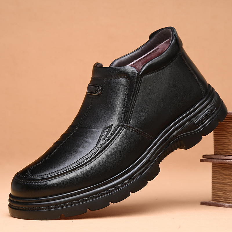 头层牛皮棉鞋男士保暖冬季加绒真皮高帮休闲皮毛一体中老年爸爸鞋