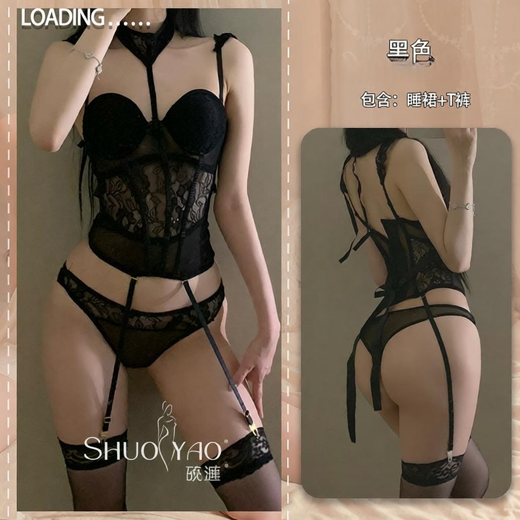 情趣内衣法式宫廷风女性感蕾丝绑带缕空小胸聚拢束腰马甲制服266 黑色马甲【含胸垫钢托吊袜带+内裤】