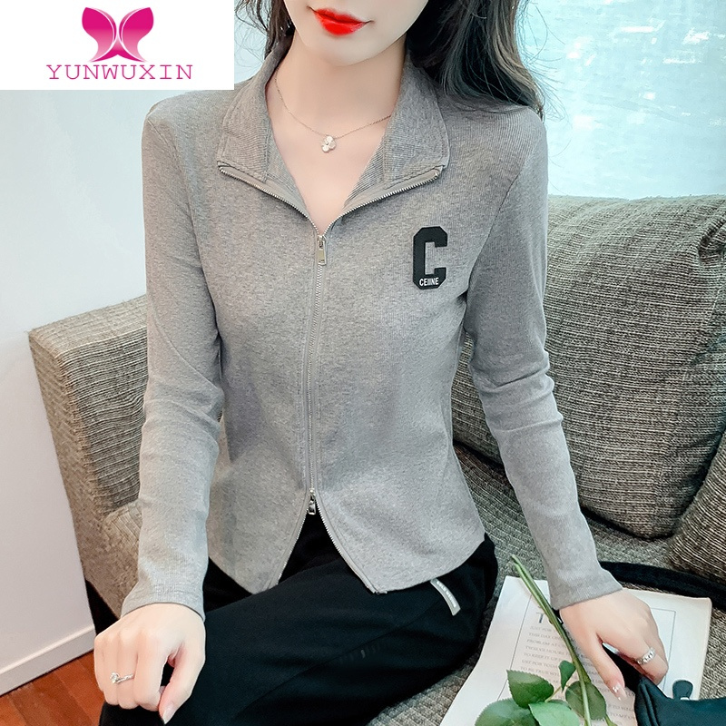 YUNWUXIN拉链长袖t恤卫衣女2022秋季新款内搭打底衫短款上衣立领开衫外套T恤