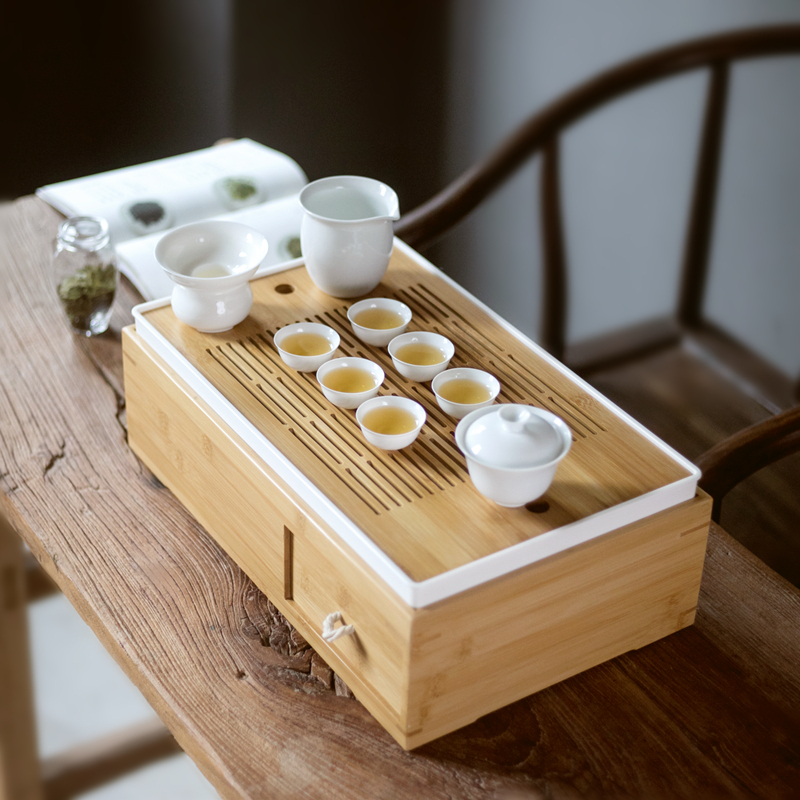 美帮汇温茶器多格收纳茶盒储水式茶盘办公室家用茶具收纳盒竹制茶盒茶盘