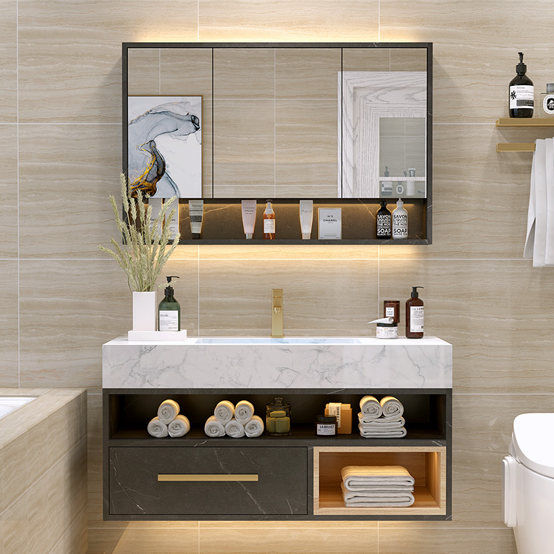轻奢北欧大理石浴室柜卫生间洗漱台洗脸盆洗手盆组合智能镜柜厕所视频