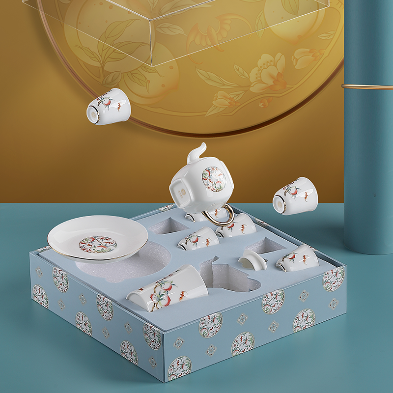 苏氏陶瓷(SUSHI CERAMICS)功夫茶具套装国潮五福捧寿手绘描金文创礼品茶壶款礼盒套装高清大图