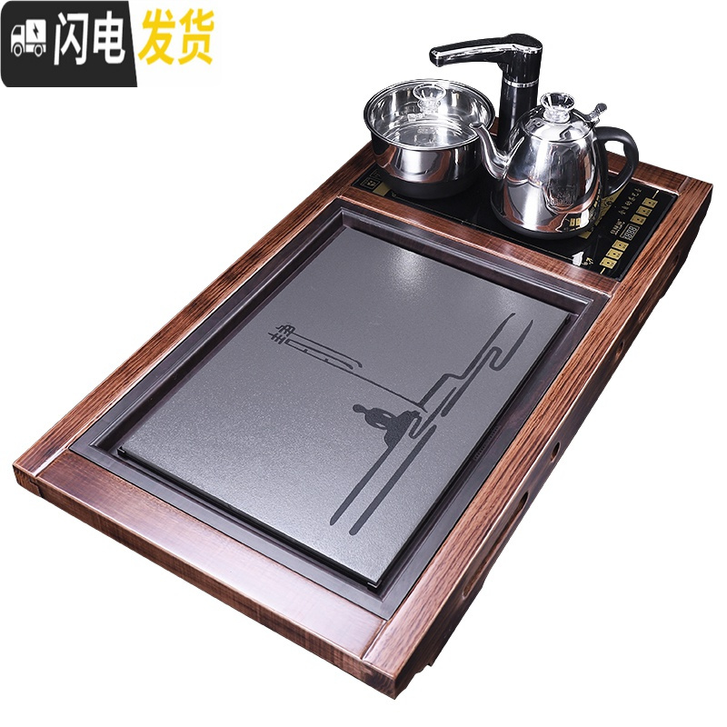 三维工匠功夫茶具茶盘套装全自动电热磁炉一体家用简约大号茶台办公室茶海 06典藏大号+静心瓷板半自动黑色