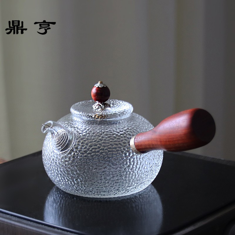 鼎亨日式耐热实木侧把锤纹玻璃煮茶壶加厚透明耐高温花茶壶泡茶壶
