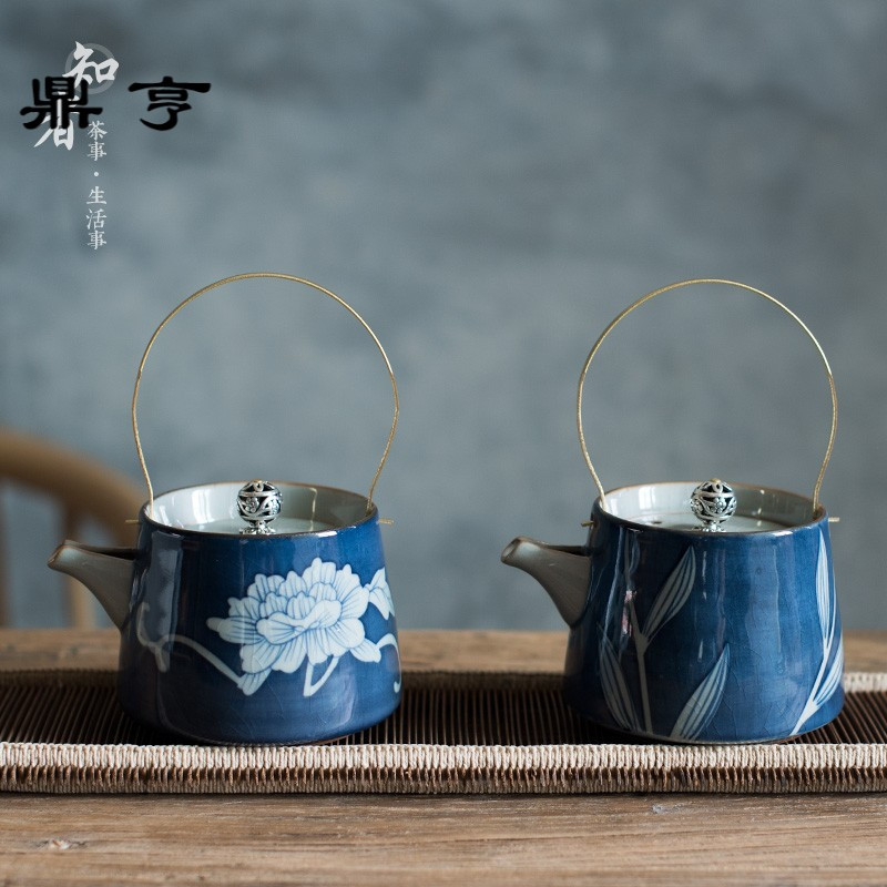 鼎亨茜蓝小提梁壶 手工绘画青花霁蓝哥窑开片陶瓷茶壶功夫茶具手