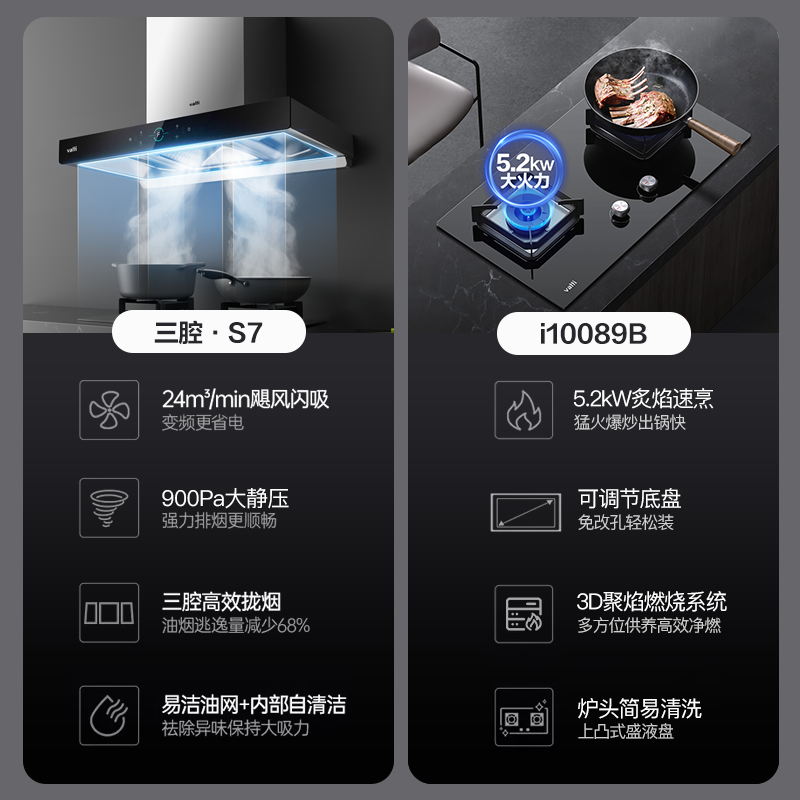 [变频款]华帝(vatti)三腔·创世S7+89B烟灶套餐24m³大吸力欧式天然气抽油烟机四驱全翼5.2kW大火燃气灶具