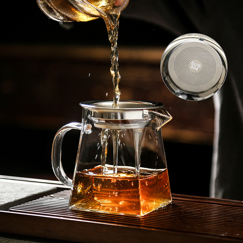 金镶玉 茶具配件 公道杯高硼硅玻璃杯带不锈钢茶漏 茶海虑茶器 四方雅致350ml