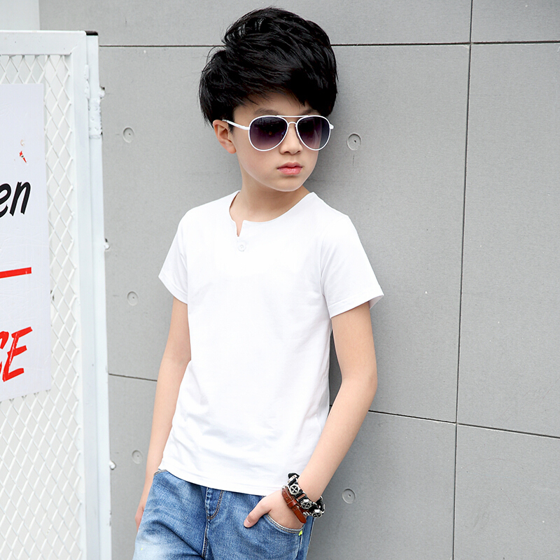 儿童夏季短袖t恤男童白色夏天衣服男孩半袖纯色上衣120cm白色