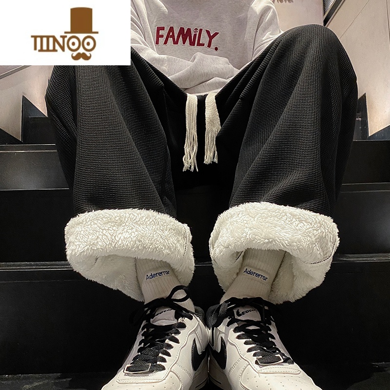 YANXU冬季加绒加厚直筒休闲裤男潮牌羔绒百搭帅气青少年运动潮流裤子 L 黑色