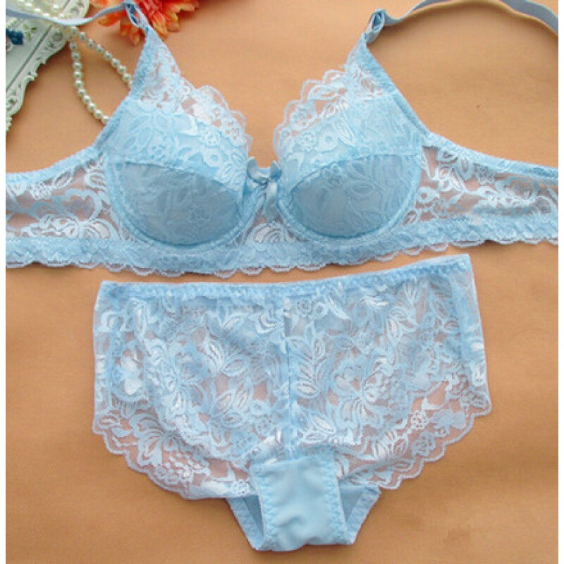 薄款少女大码显小胸罩胖mm整型蕾丝性感舒适拢套装文胸浅蓝色95/42ab