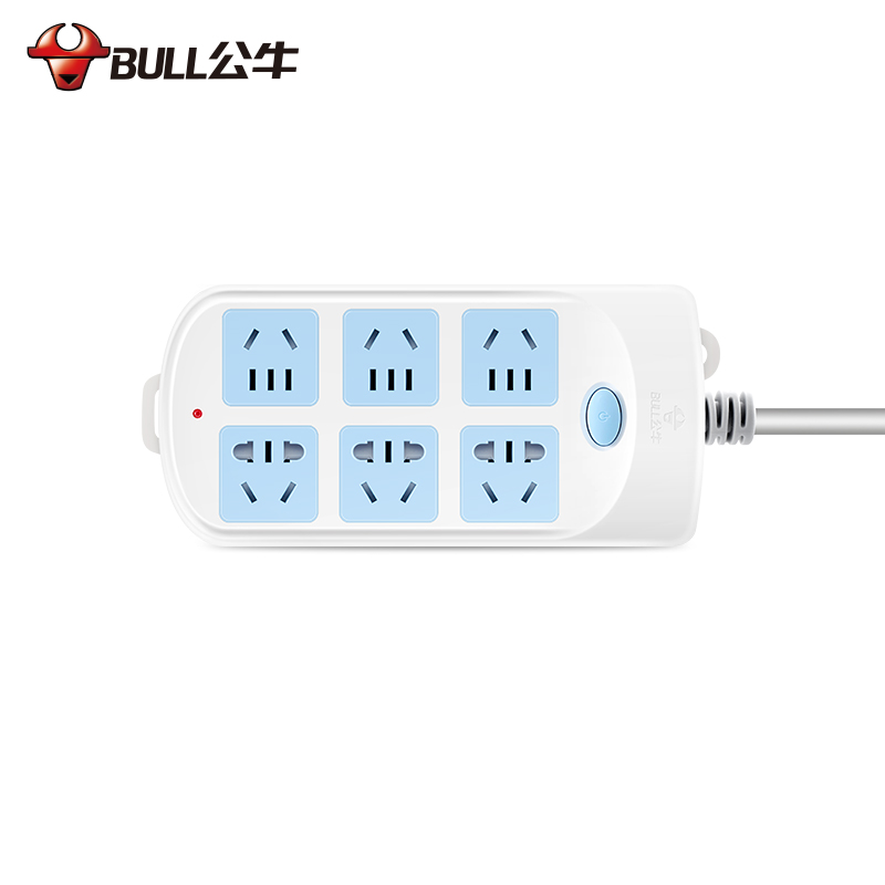 公牛(bull)GN-603全长10米6插位总控关新国标带儿童保护门大孔间距插座/接线板/排插/拖线板/插排蓝白色
