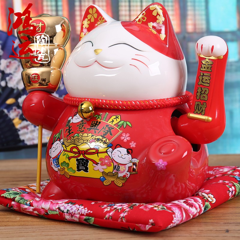 摇手猫陶瓷摆件 店铺开业礼品收银台电动大号红色招手发财猫 三维工匠 10寸生意兴隆(摇手)猫高清大图