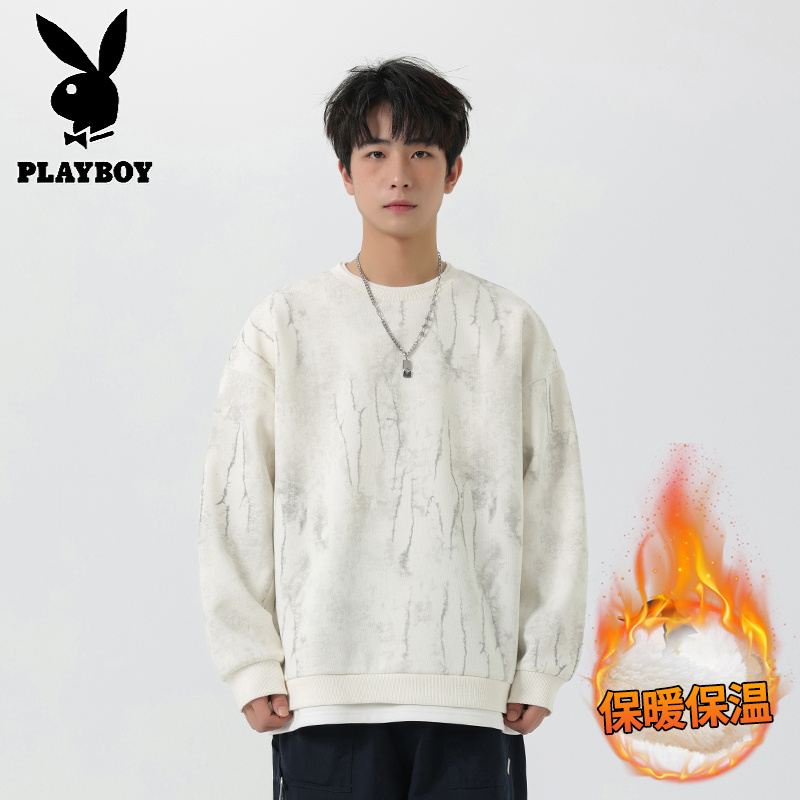 花花公子新款高品质加绒重磅圆领卫衣男2025秋冬新款假两件拼接扎染宽松休闲上衣_415高清大图