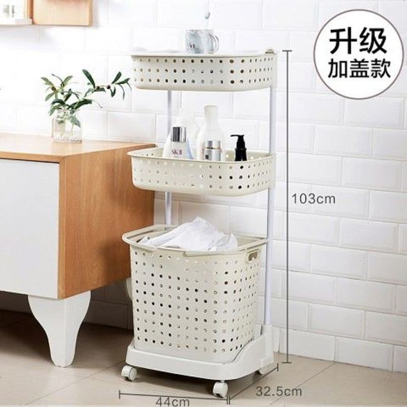 日式脏衣篮塑料洗衣篮手提篮大号装脏衣服收纳筐脏衣桶脏衣篓带轮 三层米白色升级款(带盖子)图片