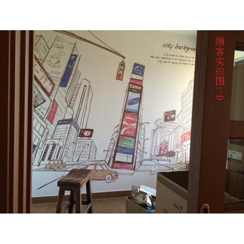 现代大型壁画3D立体个性街景壁纸布餐厅电视背景墙纸城市酒吧手绘壹德壹