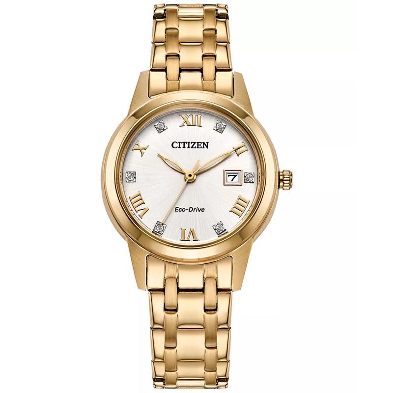 西铁城(CITIZEN)光动能女款经典金色不锈钢表带手表29mm三眼石英防水日期显示