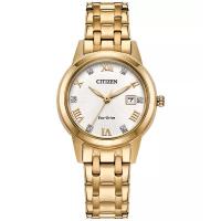 西铁城(CITIZEN)光动能女款经典金色不锈钢表带手表29mm三眼石英防水日期显示