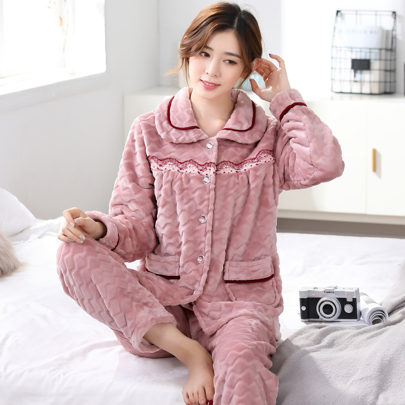 ideamini秋冬睡衣女长袖珊瑚绒 休闲保暖加厚法兰绒大码家居服套装女