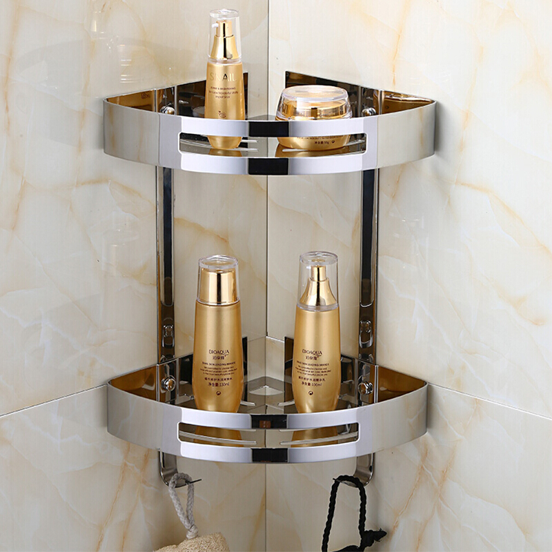 免打孔304不锈钢浴室置物架壁挂卫生间置物架三角架角篮转角架2层波迷