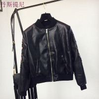 刺绣棒球服短外套女春秋装韩版百搭学生pu皮夹克机车皮衣黑色