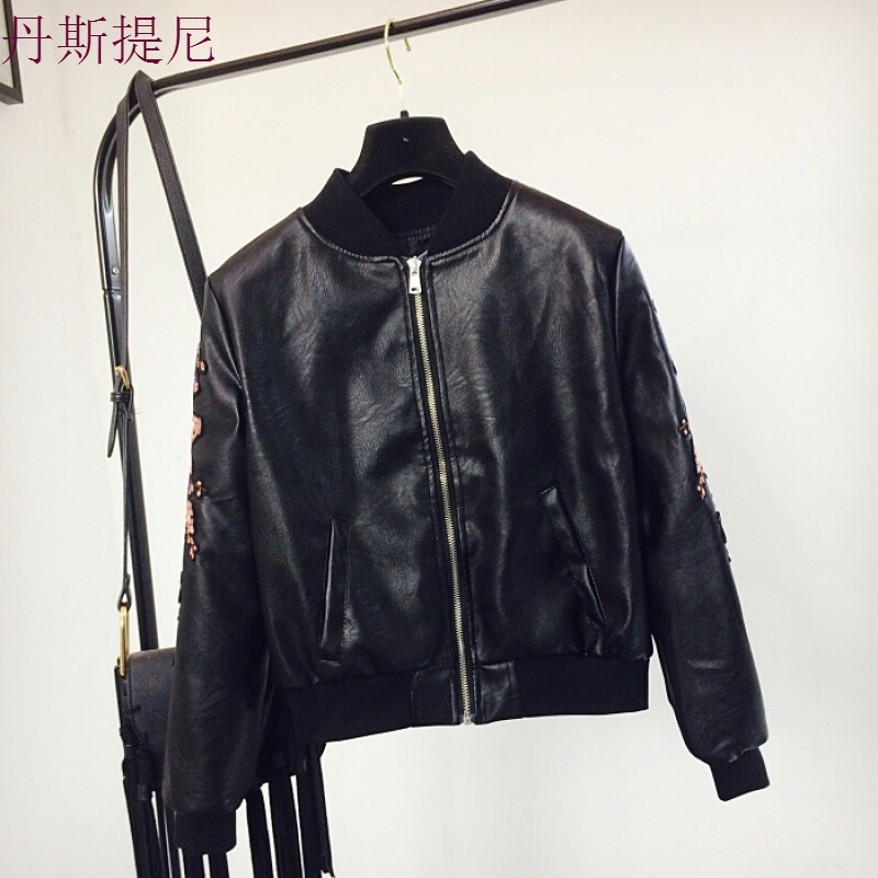 刺绣棒球服短外套女春秋装韩版百搭学生pu皮夹克机车皮衣黑色