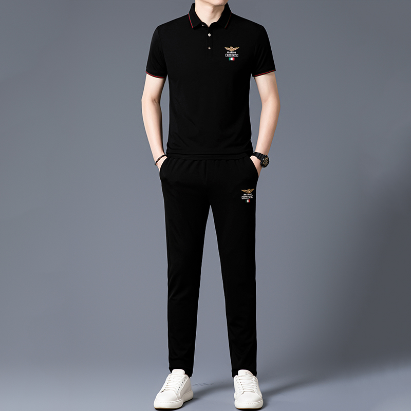 恒源祥高端桑蚕丝男士休闲运动套装男款短袖冰丝翻领搭配气质夏装 5089款黑色 170/L适合体重120-135斤