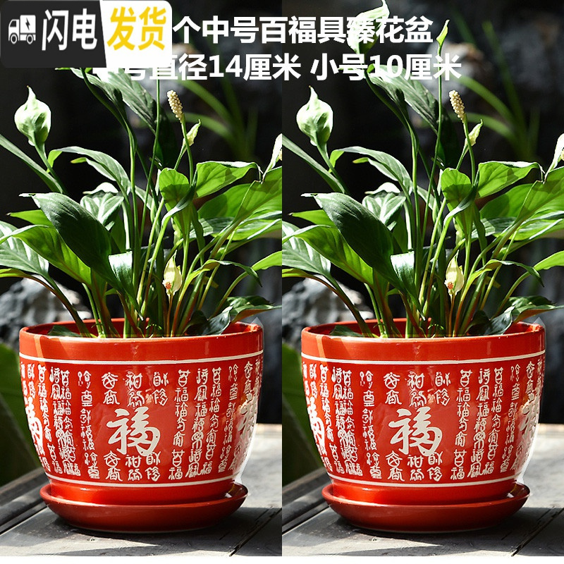 三维工匠中国风花盆陶瓷大号带福字简约特大号绿萝简约大红色家用喜庆 两个中号百福具臻 中等花盆容器