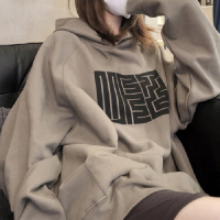 复古加绒卫衣女秋冬季新款韩版学生印花连帽宽松外套上衣女潮_56 XL 棕灰色【加绒】