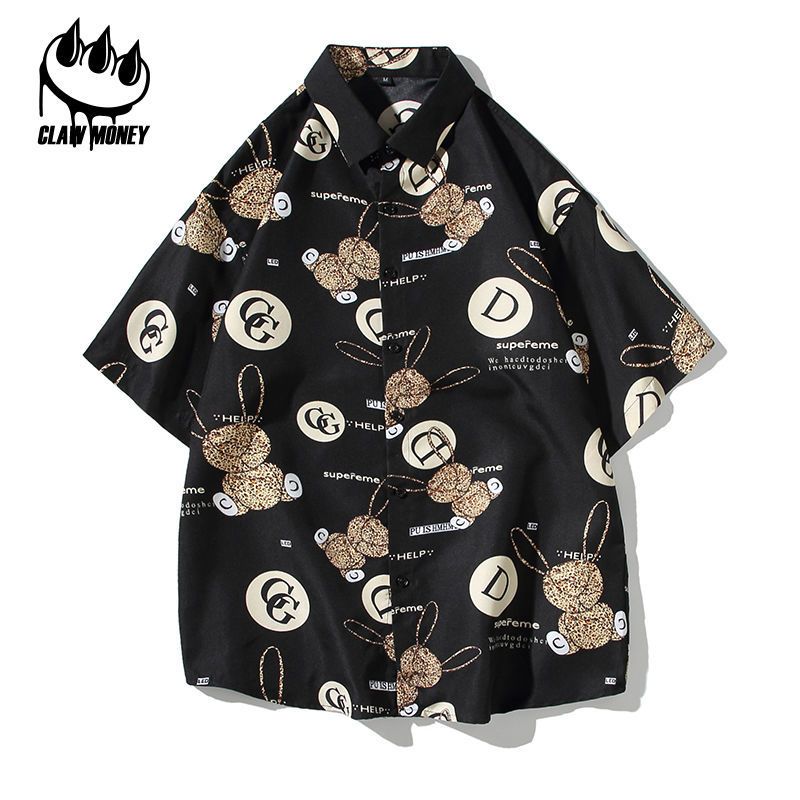 Claw money夏季短袖衬衫男士大码宽松夏威夷帅气翻领小众衬衣外穿