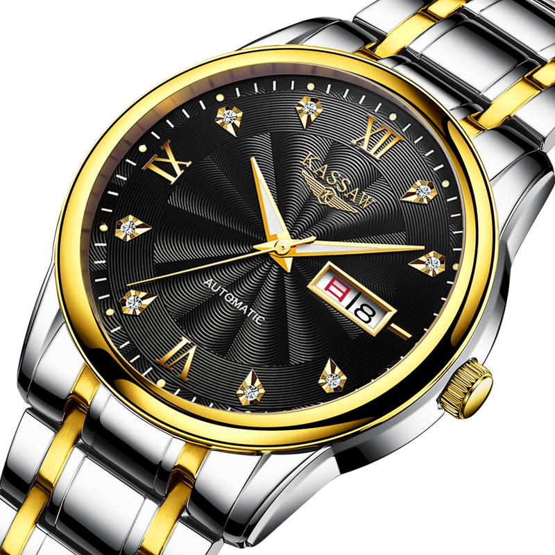 卡梭(KASSAW)手表男全自动机械表防水时尚商务男表精钢夜光双日历男士腕表K830G高清大图