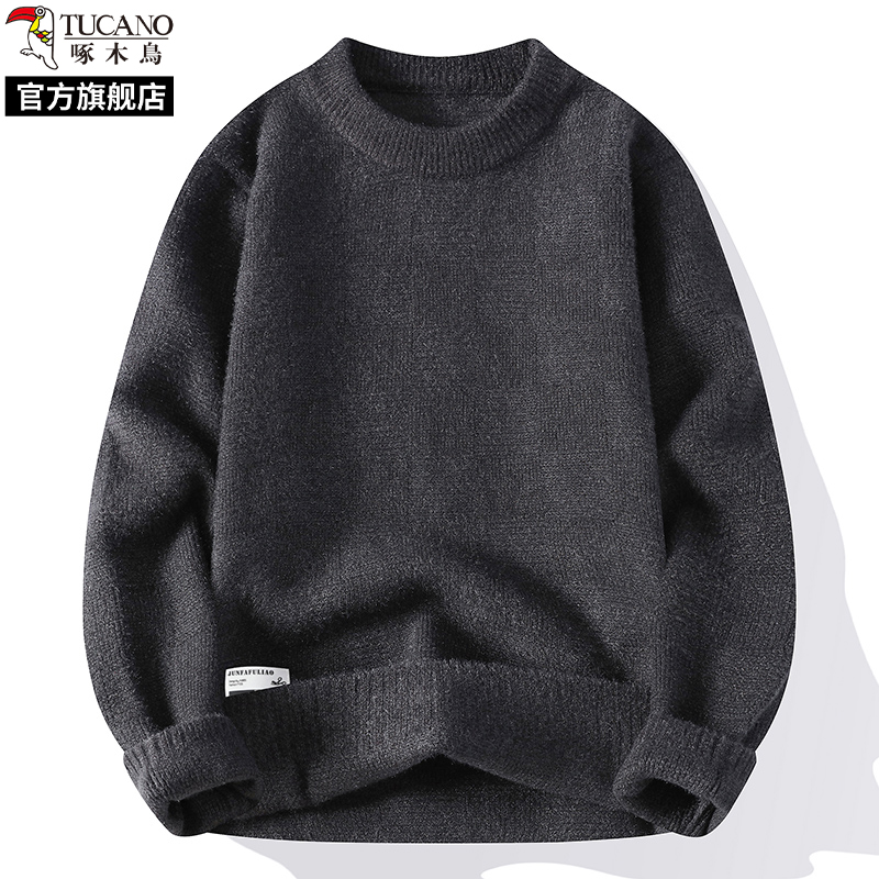 啄木鸟2025秋冬季新款圆领加厚保暖针织毛衣男士打底衫上衣服线圆高清大图