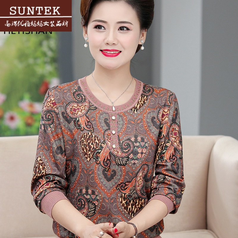suntek妈妈装长袖印花薄t恤春秋宽松百搭上衣中老年女50岁圆领薄打底