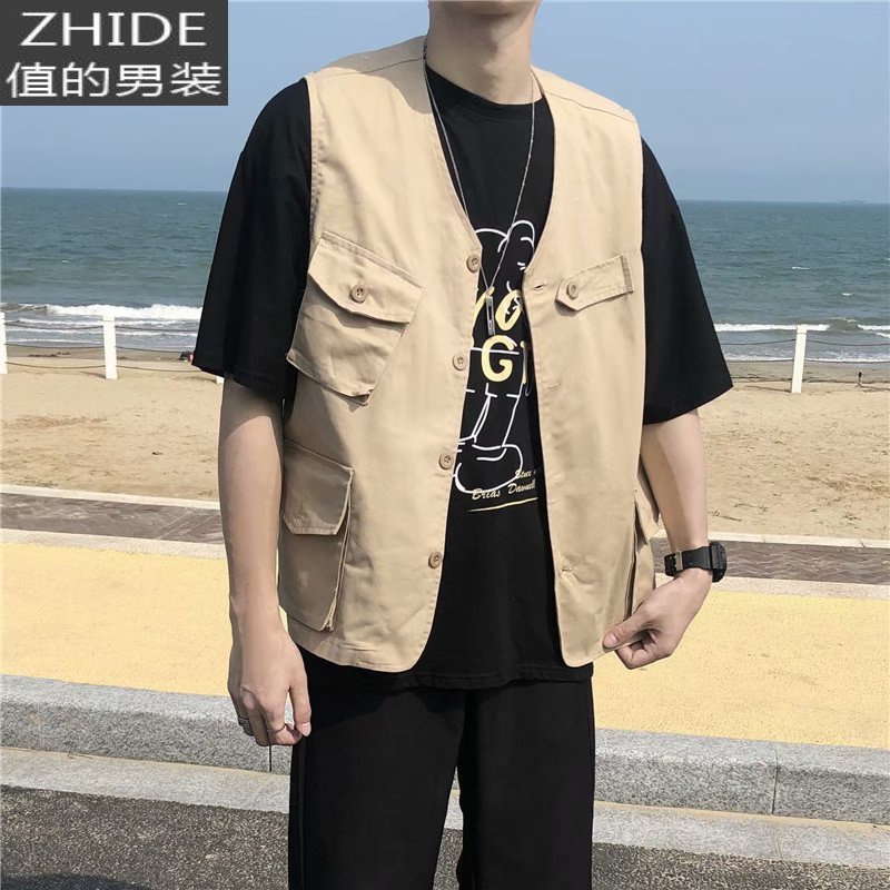 SUNTEK夏季马甲外套男坎肩背心外穿搭配港风国潮嘻哈薄款多口袋工装马夹马甲/背心高清大图