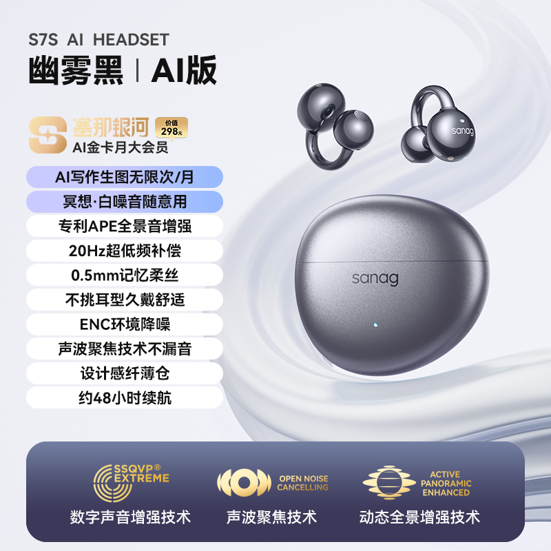 SANAG塞那S7S AI耳机耳夹式蓝牙耳机 骨传导概念无线开放式挂耳 运动跑步通话降噪适用于苹果小米 黑高清大图
