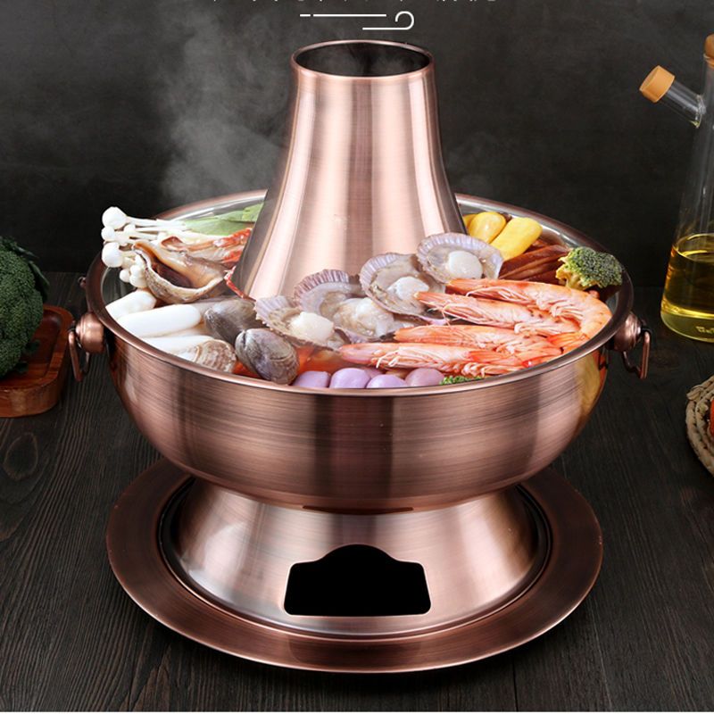 加厚不锈钢304木炭火锅老北京铜火锅老式电炭两用涮肉双味鸳鸯锅
