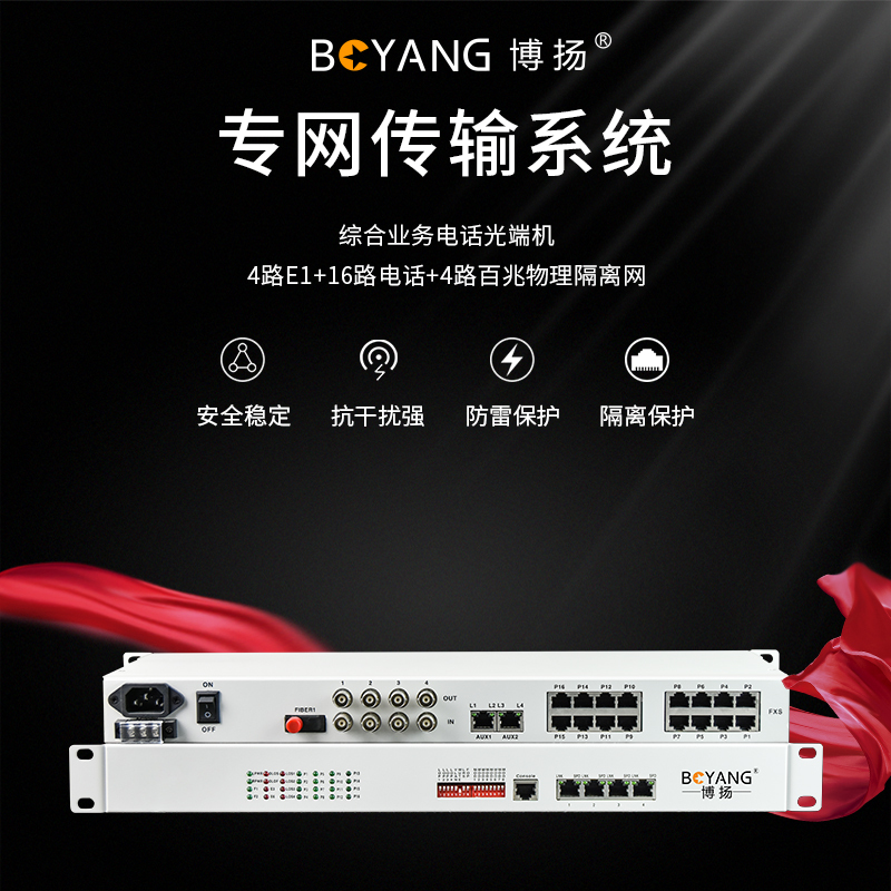 博扬 综合业务电话光端机 4路E1+16路电话+4路百兆物理隔离网 单纤20km 机架式 1对价 BY-16P4E4Fv