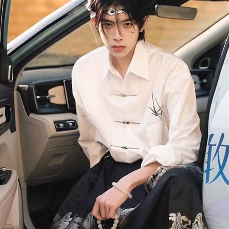 HD 新中式男装中国风翠竹翻领衬衫男改良版汉服唐装高级感长袖衬衣 白色XL高清大图
