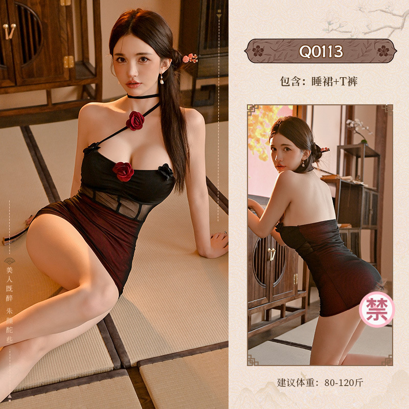 九里晴川暗夜玫瑰性感辣妹透视网纱玫瑰挂脖修身褶皱包臀裙情趣 九里晴川Q0113【玫瑰挂脖连衣裙】 均码