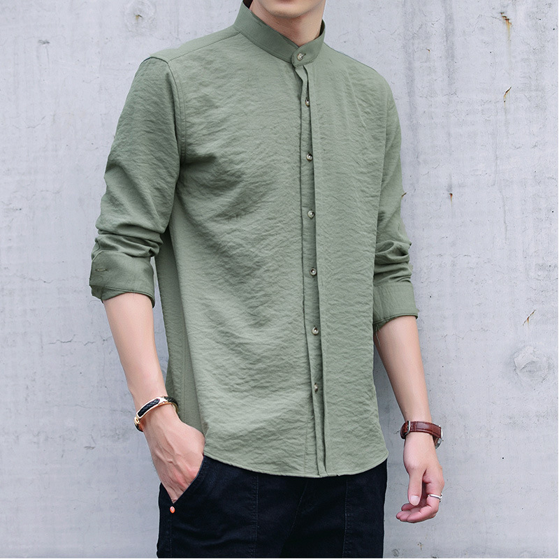 啄木鸟小立领抗皱易打理衬衫男士四季中山装青年圆领中式占领衬衣高清大图