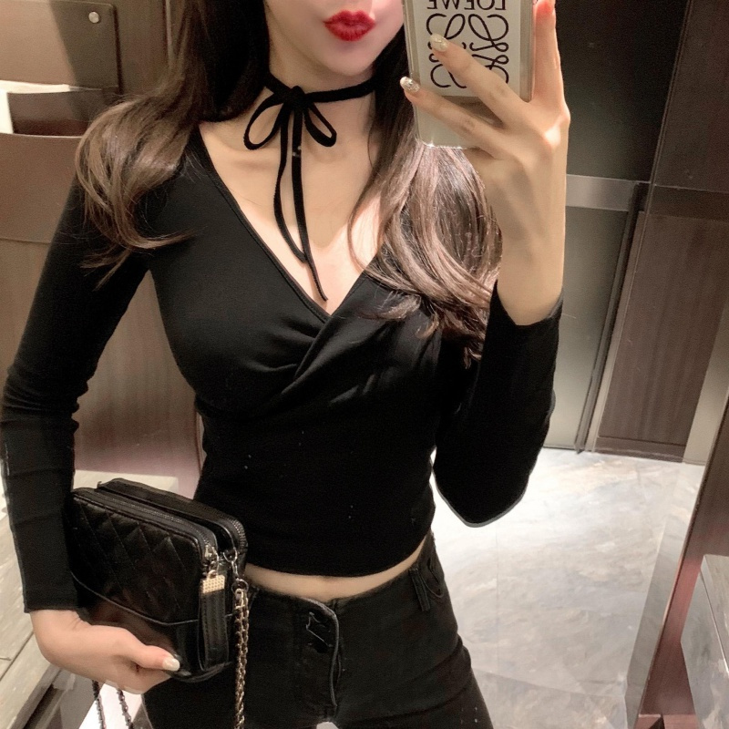 纯棉长袖T恤女秋冬女装性感上衣V领小心机纯色修身领口绑带打底衫