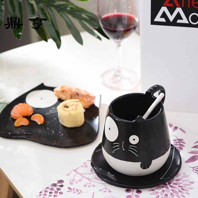 鼎亨景德镇手绘趣味猫陶瓷杯北欧马克杯黑白早餐燕麦咖啡杯带碟水